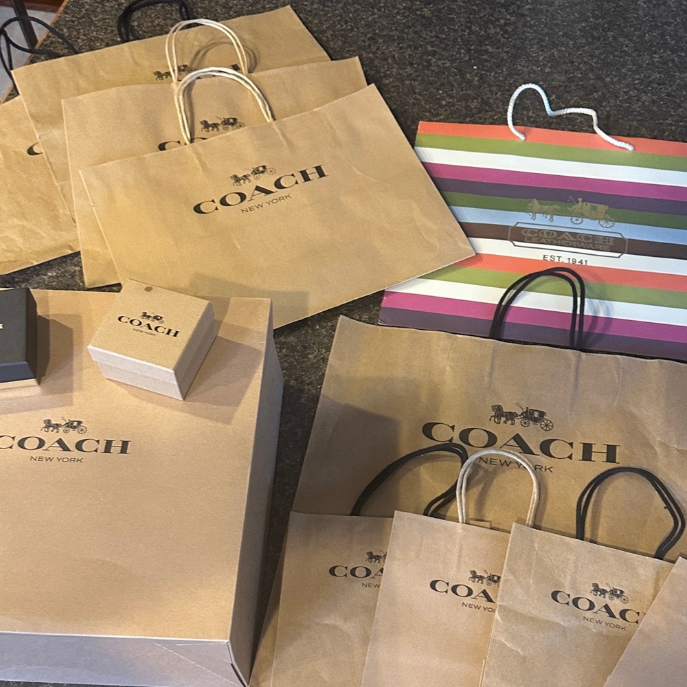 Large 13 Piece Set Coach Brown Shopping Bags and Boxes